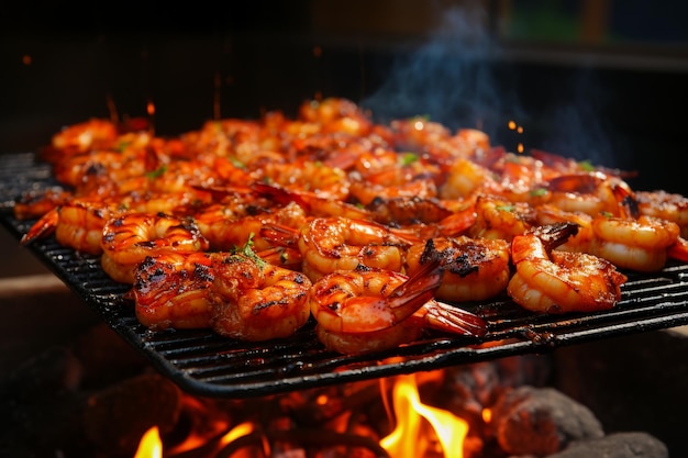 Grilled shrimp on a charcoal grill with flames outdoor cooking and summer grilling