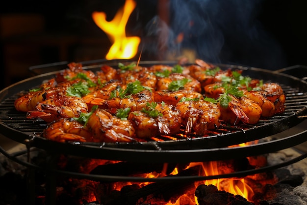 Grilled shrimp on a charcoal grill with flames outdoor cooking and summer grilling