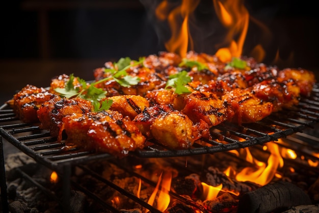 Grilled shrimp on a charcoal grill with flames outdoor cooking and summer grilling