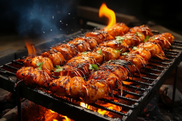 Grilled shrimp on a charcoal grill with flames outdoor cooking and summer grilling