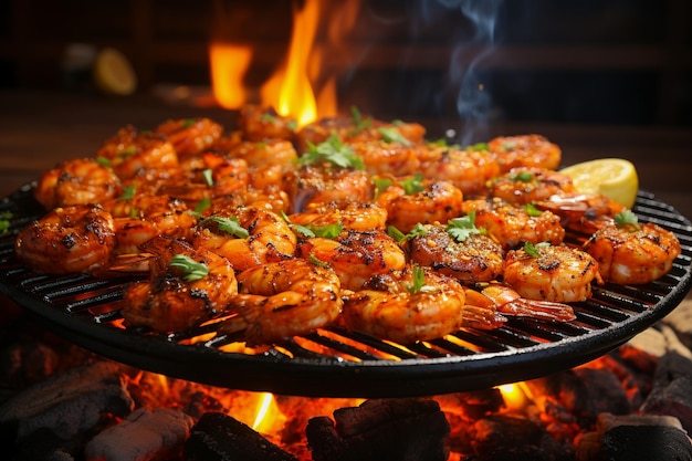 Grilled shrimp on a charcoal grill with flames outdoor cooking and summer grilling