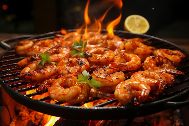 Grilled shrimp on a charcoal grill with flames outdoor cooking and summer grilling