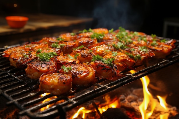 Grilled shrimp on a charcoal grill with flames outdoor cooking and summer grilling