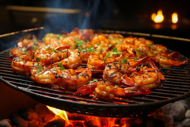 Grilled shrimp on a charcoal grill with flames outdoor cooking and summer grilling