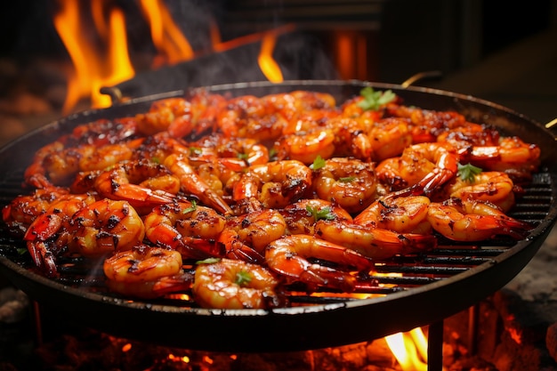 Grilled shrimp on a charcoal grill with flames outdoor cooking and summer grilling