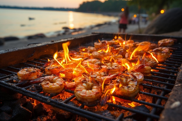 Grilled shrimp on a charcoal grill with flames outdoor cooking and summer grilling