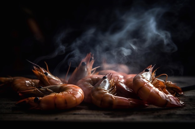 Grilled shrimp dark background fire smoke Generative AI