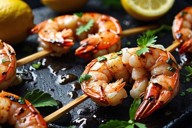 Grilled shrimp kebabs with lemon wedges