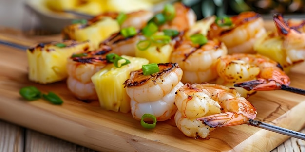 Grilled shrimp skewers with pineapple and green onions on wooden board Concept Food Photography Seafood Recipes BBQ Meals Tropical Dishes Outdoor Dining