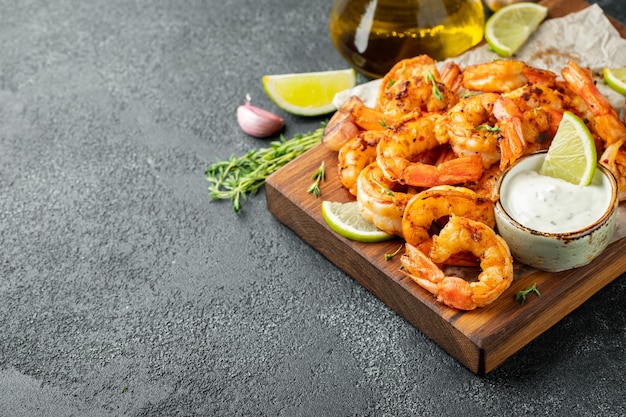 Grilled shrimps or prawns served with lime.