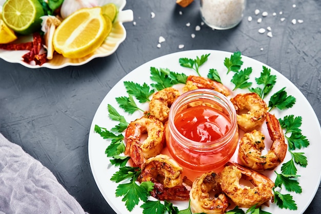 Grilled shrimps on white plate with fresh parsley, spices and lemon, fried prawns with sauce in jar