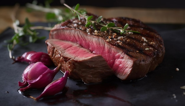 Grilled sirloin steak on wooden plate juicy and tender generated by AI