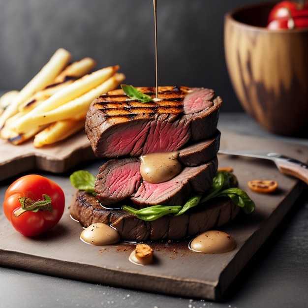 Grilled sliced beef steak on cutting board