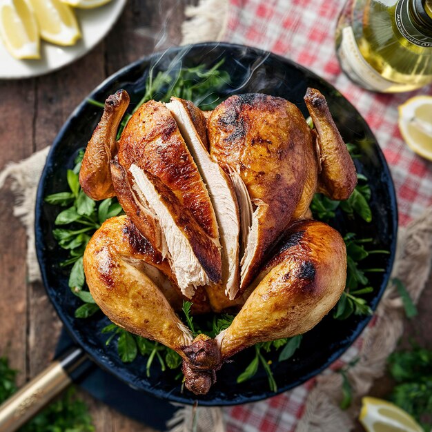 Grilled or smoked chicken carved into pieces overhead view