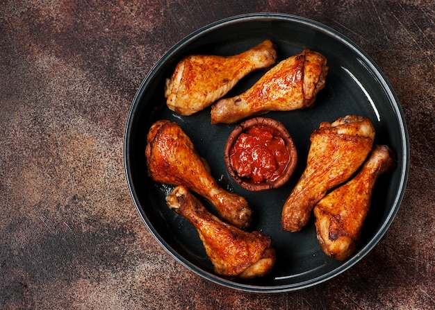 Grilled Spicy chicken legs with tomato sauce, on a tray. Top view and space for text