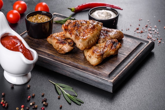 Grilled spicy chicken wings on a dark background with spices and herbs