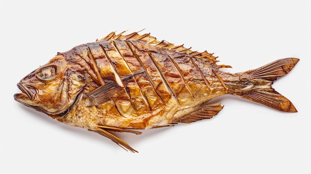 grilled spicy fish isolated on white background top view