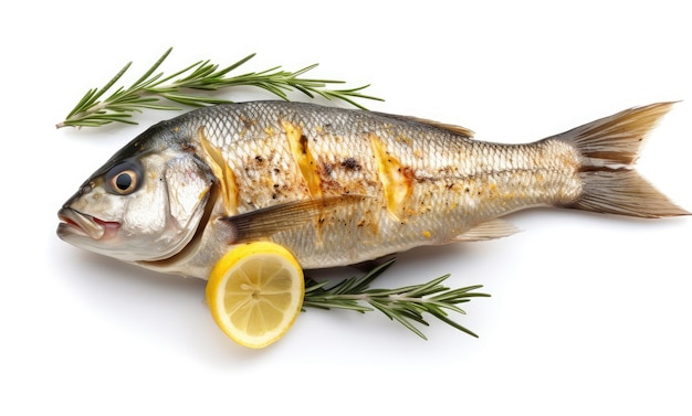 Grilled spicy fish isolated on white background top view