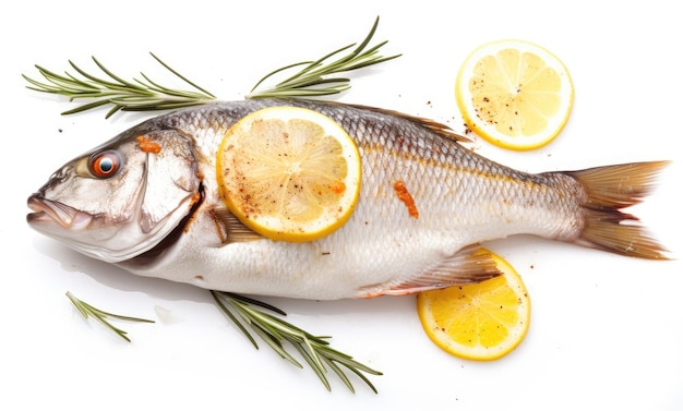 Grilled spicy fish isolated on white background top view