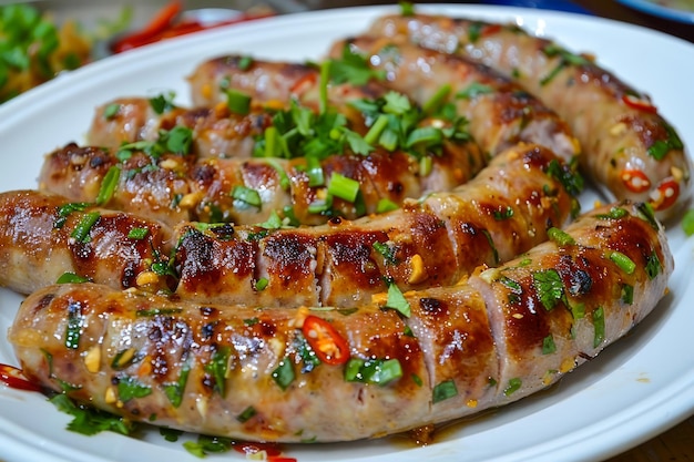 Grilled Spicy Sausages Served on White Plate with Herbs and Chili Garnishing