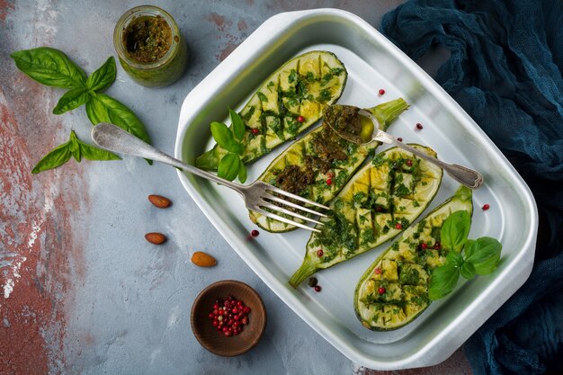 Grilled spicy zucchini with pepper and pesto sauce