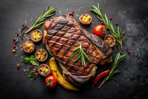 Grilled steak on the bone with grilled vegetables On a black background Top view Free copy space