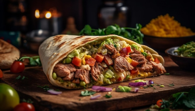 Grilled steak burrito with fresh guacamole tomato and cilantro generated by AI