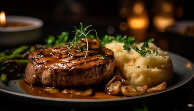 Grilled steak cooked to perfection with fresh vegetables and herbs generated by AI