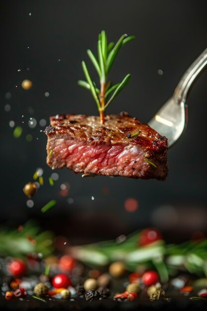 Photo grilled steak on fork with rosemary and spices dark background