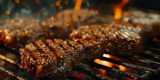 Photo grilled steak on the grill with flames and smoke photo