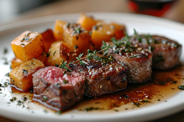 Grilled steak medallions with herbs and roasted vegetables on a plate