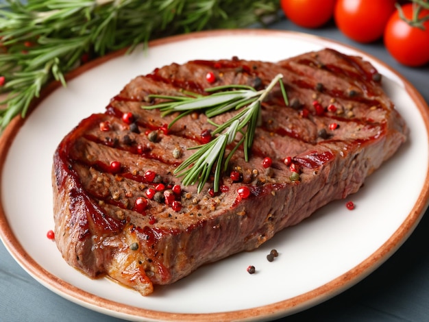 Grilled steak on plate with spices and rosemary closeup