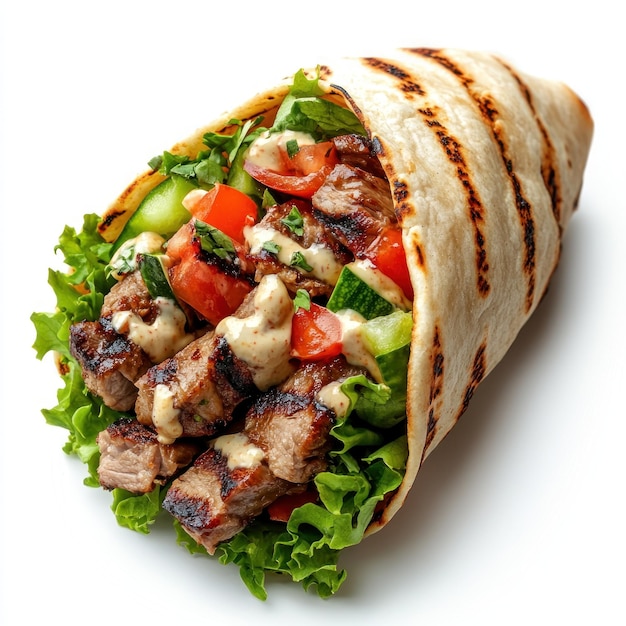 Grilled Steak and Vegetable Tortilla Wrap with White Sauce