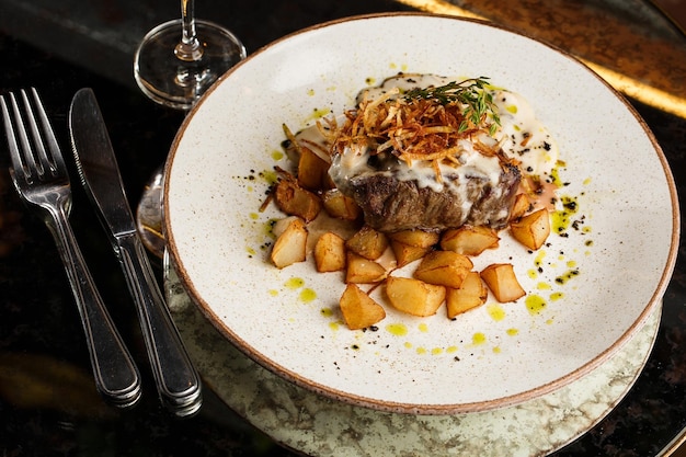 Grilled steak with baked golden potatoes served with crispy onion on top on a brick background Delicious Recipe