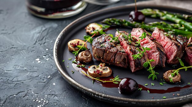 Photo grilled steak with cherry reduction asparagus and mushrooms