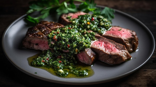 Grilled steak with chimichurri sauce Generative AI image