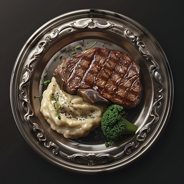 Grilled steak with mashed potatoes and vegetables on plate closeup