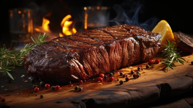 Grilled steak with melted barbeque sauce on a black and blurry background