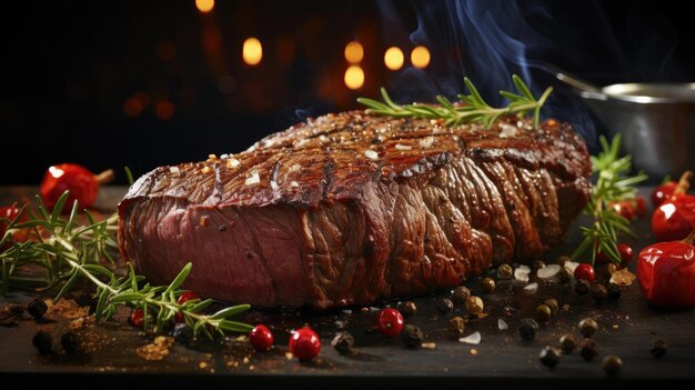 Grilled steak with melted barbeque sauce on a black and blurry background