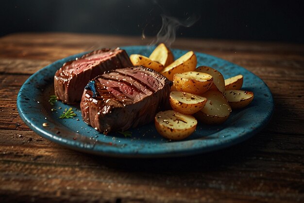 Photo grilled steak with potatoes