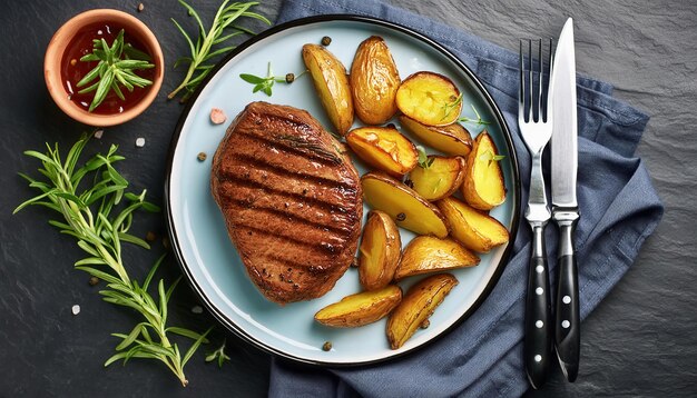 Photo grilled steak with roasted potatoes