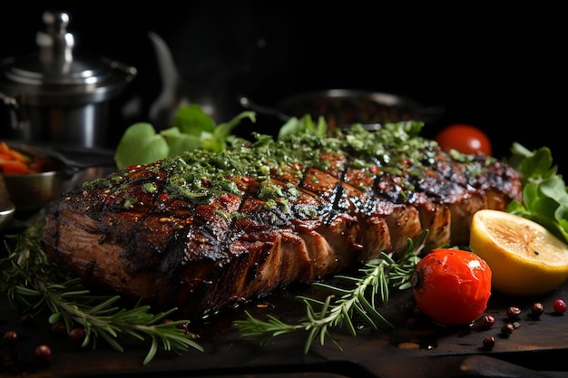 Grilled Steak with Rosemary on Black Background with