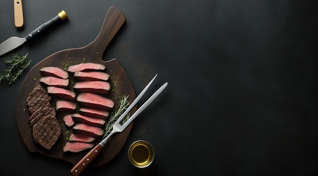 Grilled steak with rosemary on a cutting board on a black background Generative AI