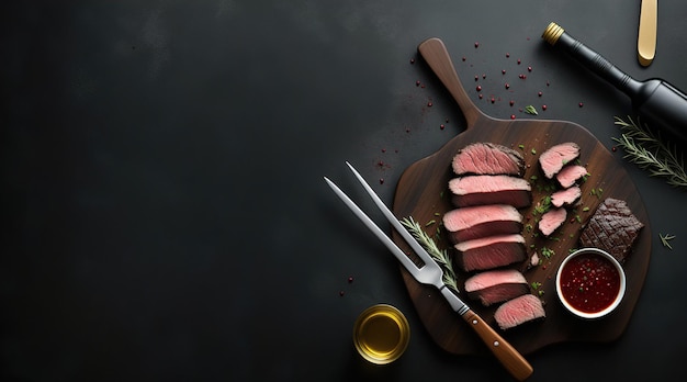 Grilled steak with rosemary on a cutting board on a black background Generative AI