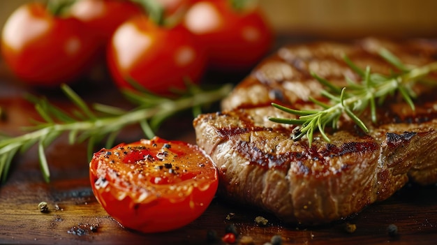 Grilled steak with rosemary and tomatoes on a wooden board