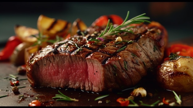 Grilled steak with vegetables and herbs on plate