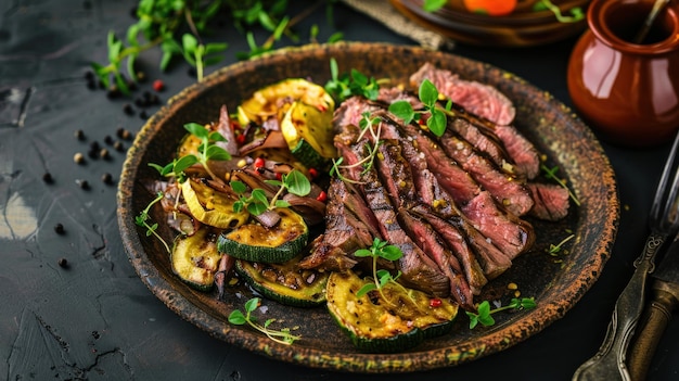 Photo grilled steak with zucchini and herbs