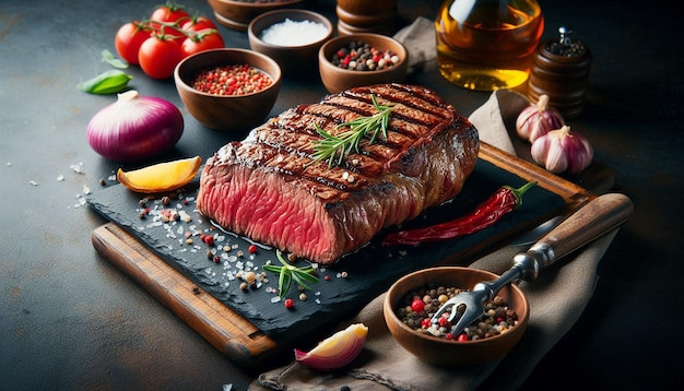 Grilled Steak on a Wooden Platter With Herbs and Spices