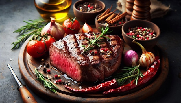 Grilled Steak on a Wooden Platter With Herbs and Spices