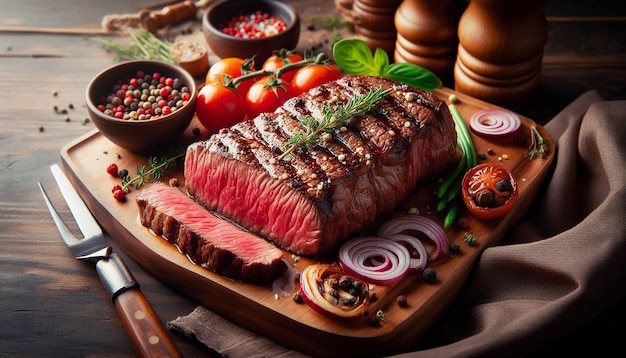 Grilled Steak on a Wooden Platter With Herbs and Spices